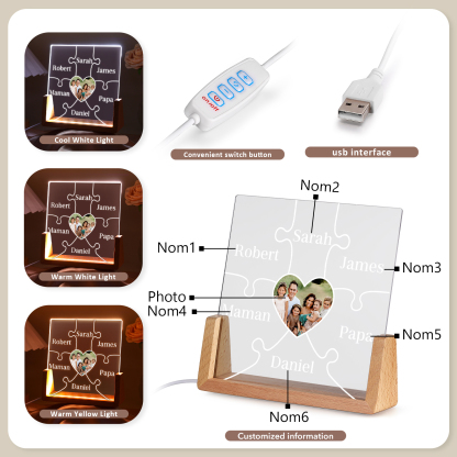 Lampe de chevet LED Puzzles 6 Prénoms Personnalisés avec Photo pour Famille