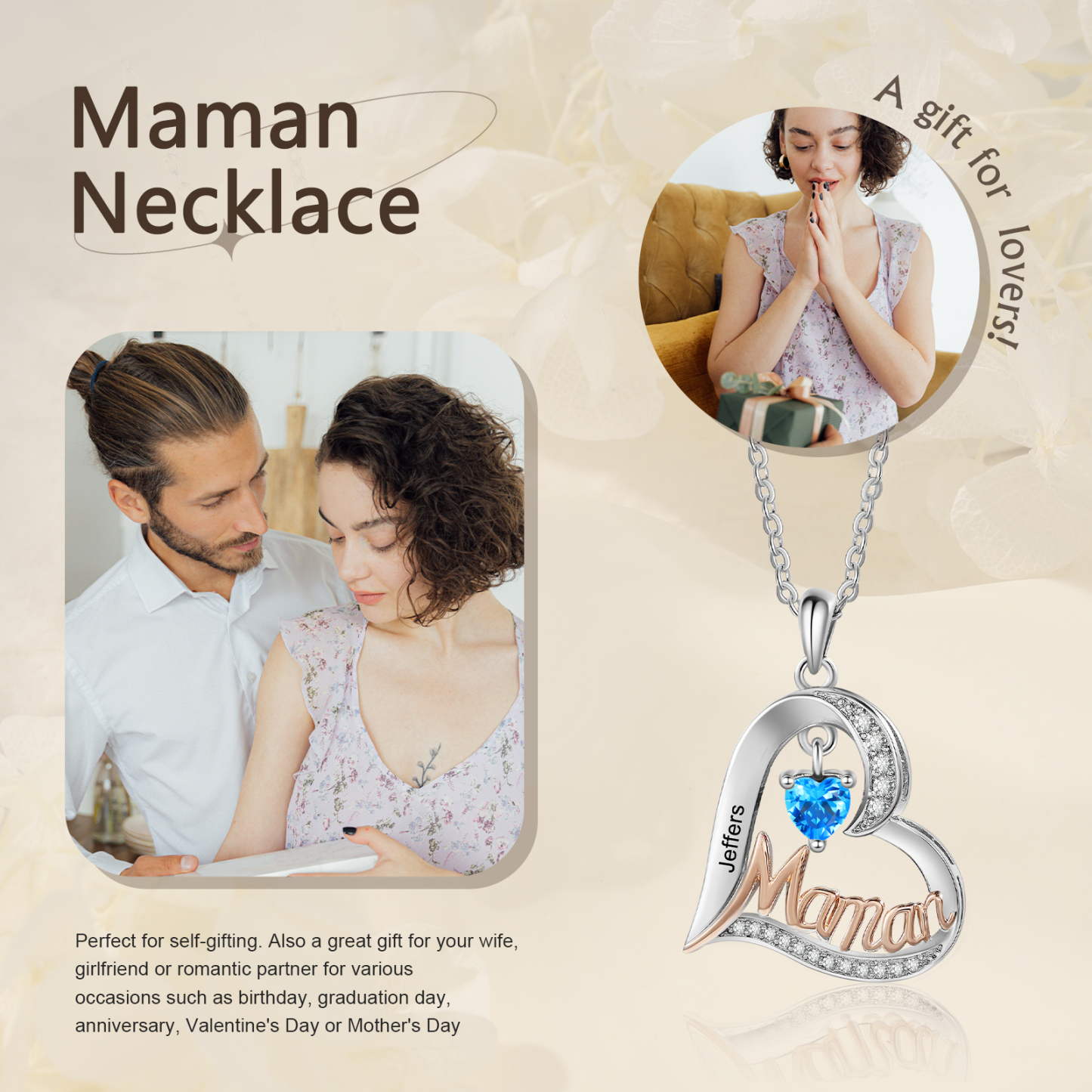 À Ma Maman-Collier Cœur 1 Prénom Personnalisé avec 1 Pierre de Naissance