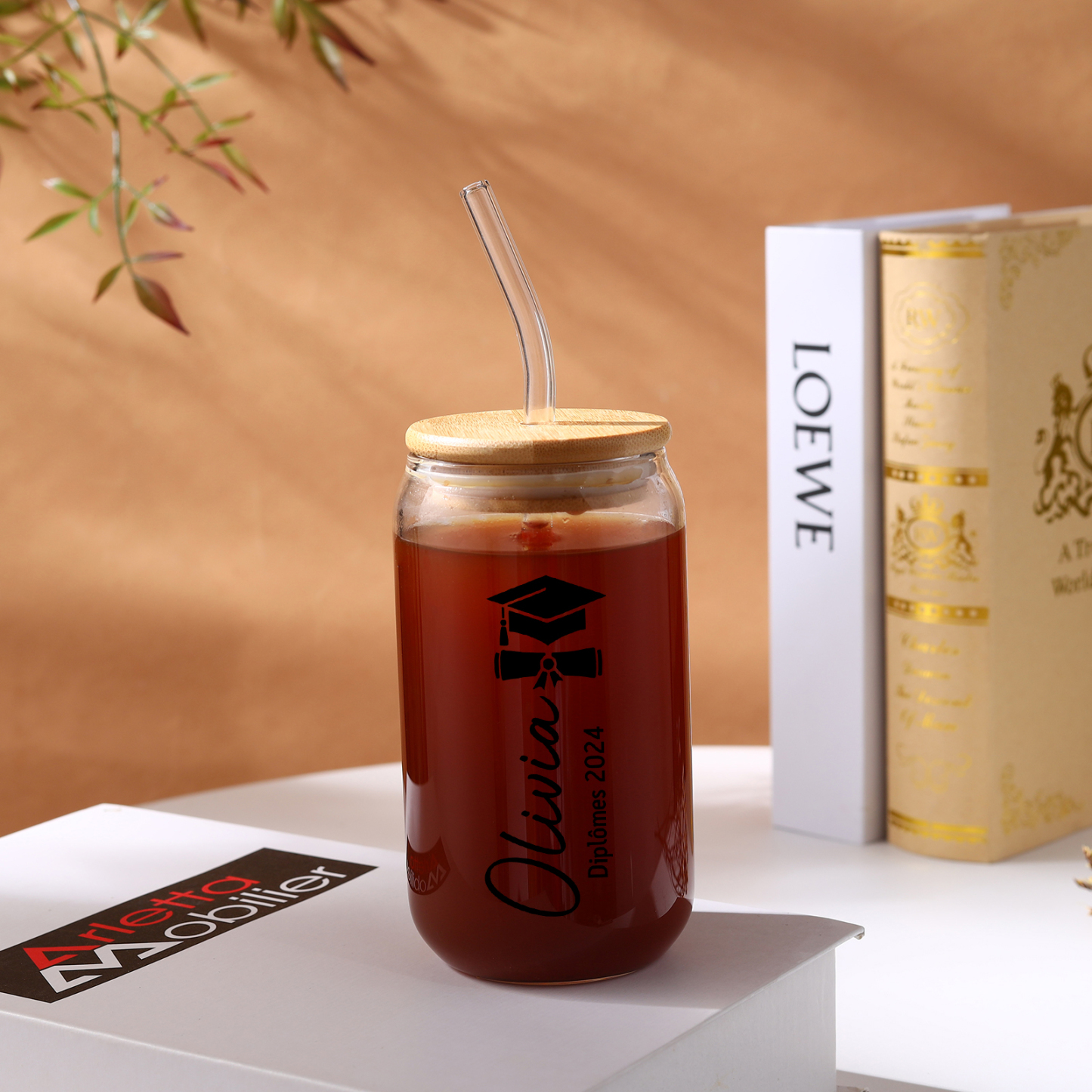Tasse en Verre avec Paille Prénom et Texte Personnalisés Cadeau de remise des Diplômes