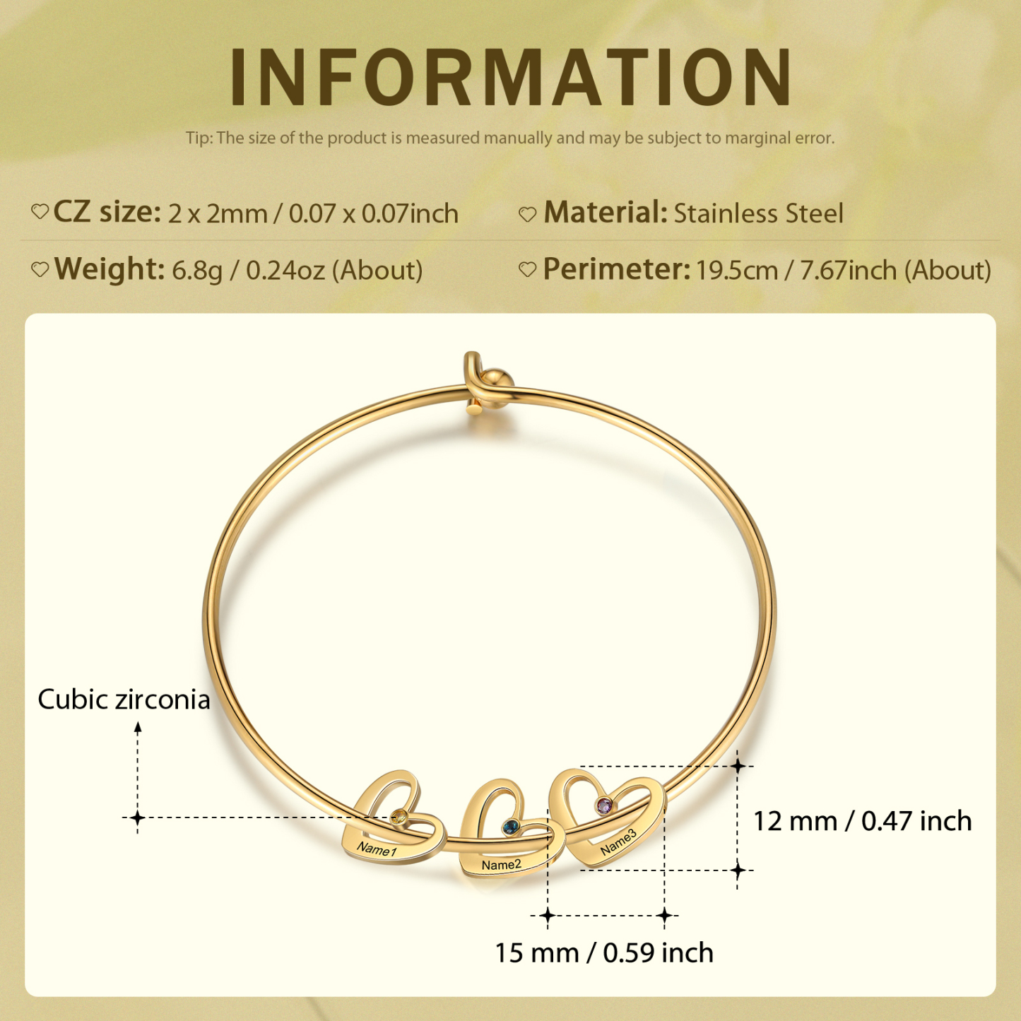 Bracelet jonc 3 prénom Pendentifs Personnalisé Coeur avec 3 Pierre de Naissance