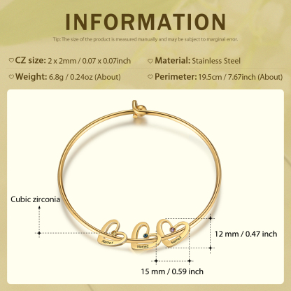 Bracelet jonc 3 prénom Pendentifs Personnalisé Coeur avec 3 Pierre de Naissance