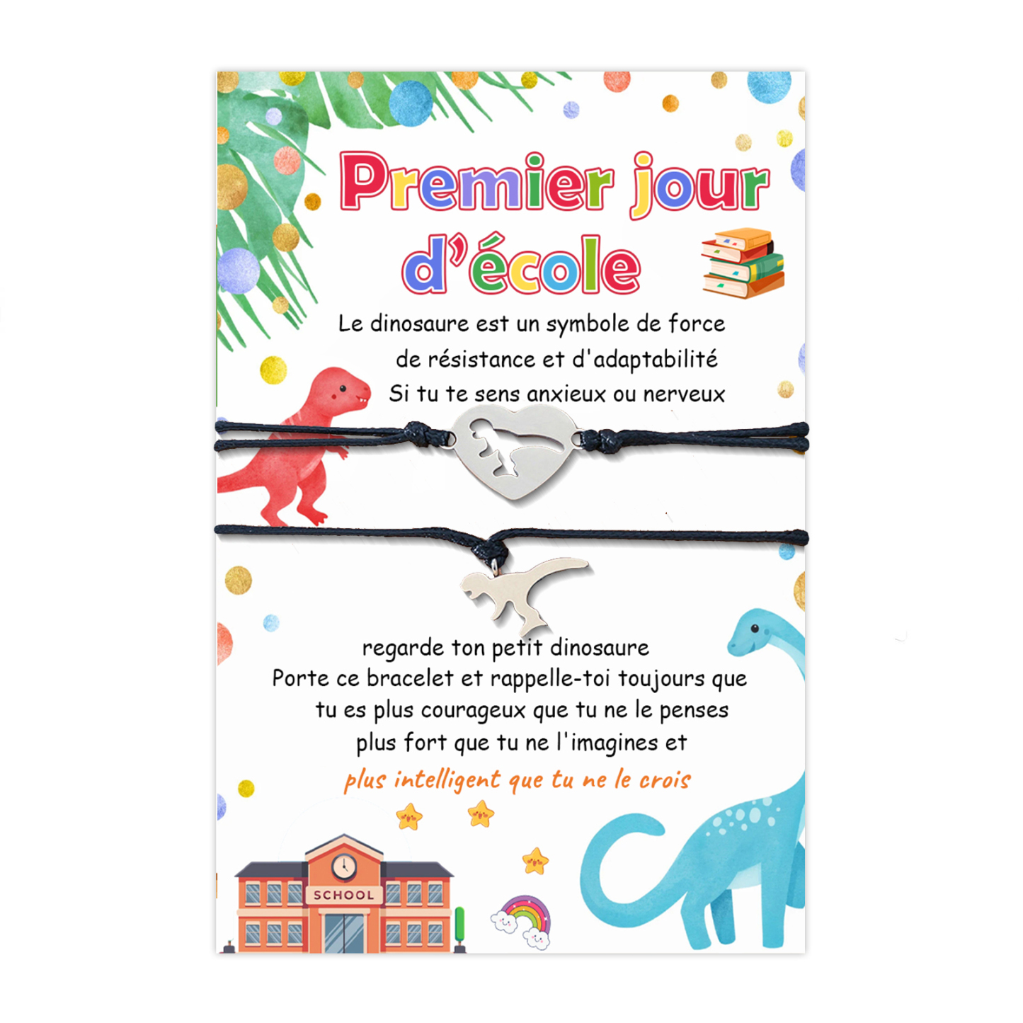 Jessemade FR 2PCS Ensemble de Bracelets Dinosaure et Cœur - Cadeau Rentrée Scolaire