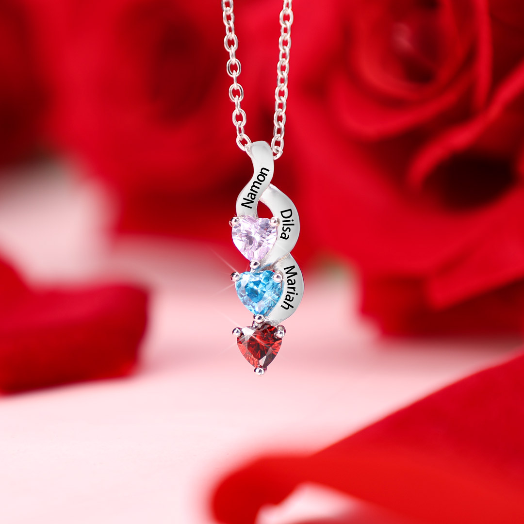 1-6 Noms Collier Cœur Personnalisé avec Pierres de naissance pour Femme