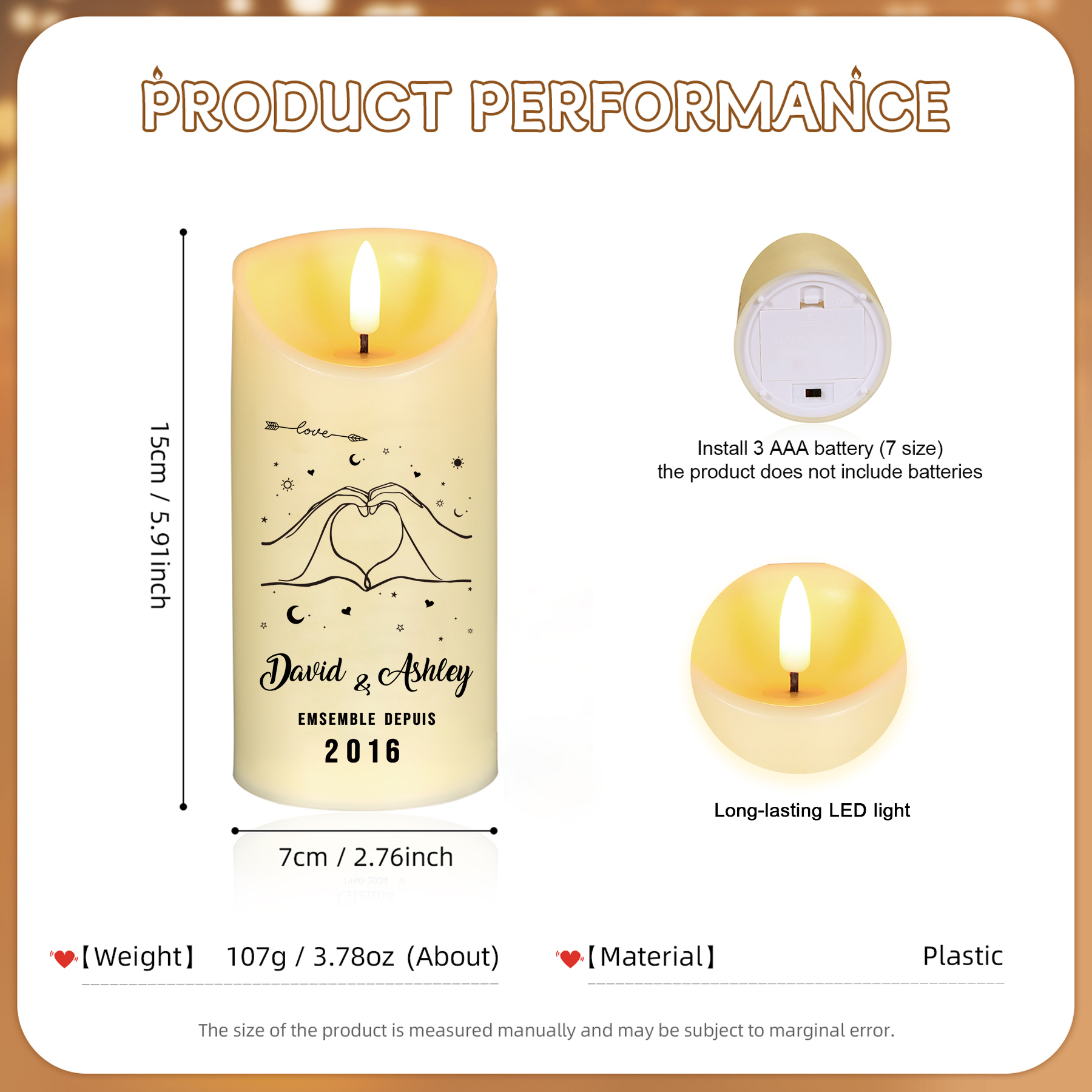 Bougie Électronique 2 Prénoms Personnalisés avec Années Bougie LED Cadeau Coffret pour Couple | Jessemade