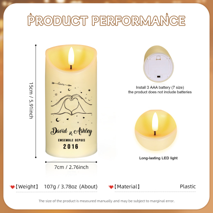 Bougie Électronique 2 Prénoms Personnalisés avec Années Bougie LED Cadeau Coffret pour Couple | Jessemade