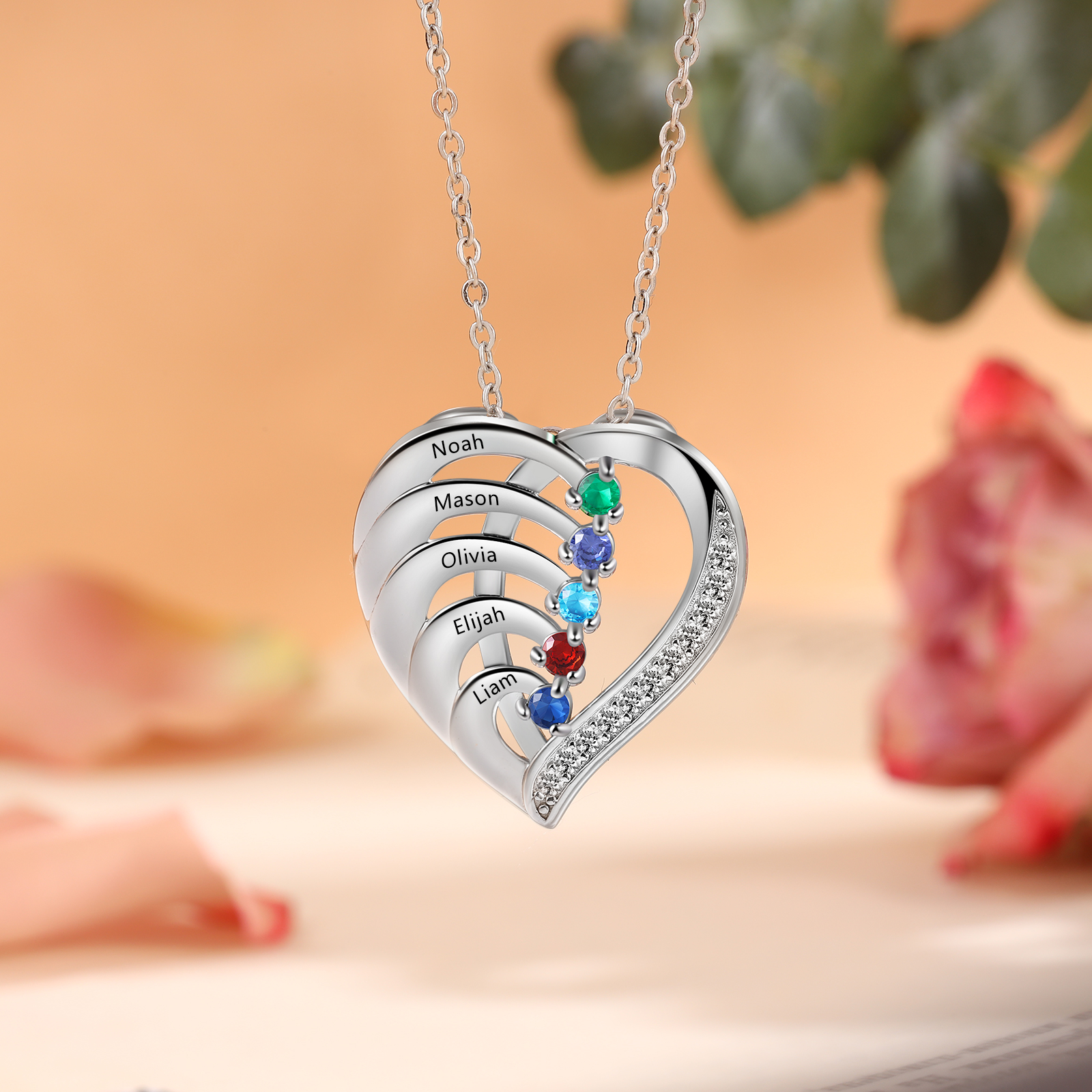 Collier Cœur en Argent 925 5 Prénoms Personnalisés avec Pierre de naissance