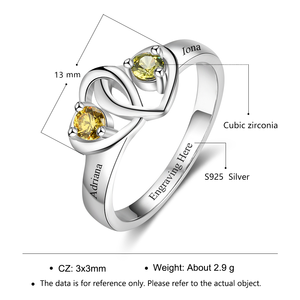 Bague Cœur 2 Prénom Personnalisé avec 2 Pierre de Naissance et texte en Argent 925