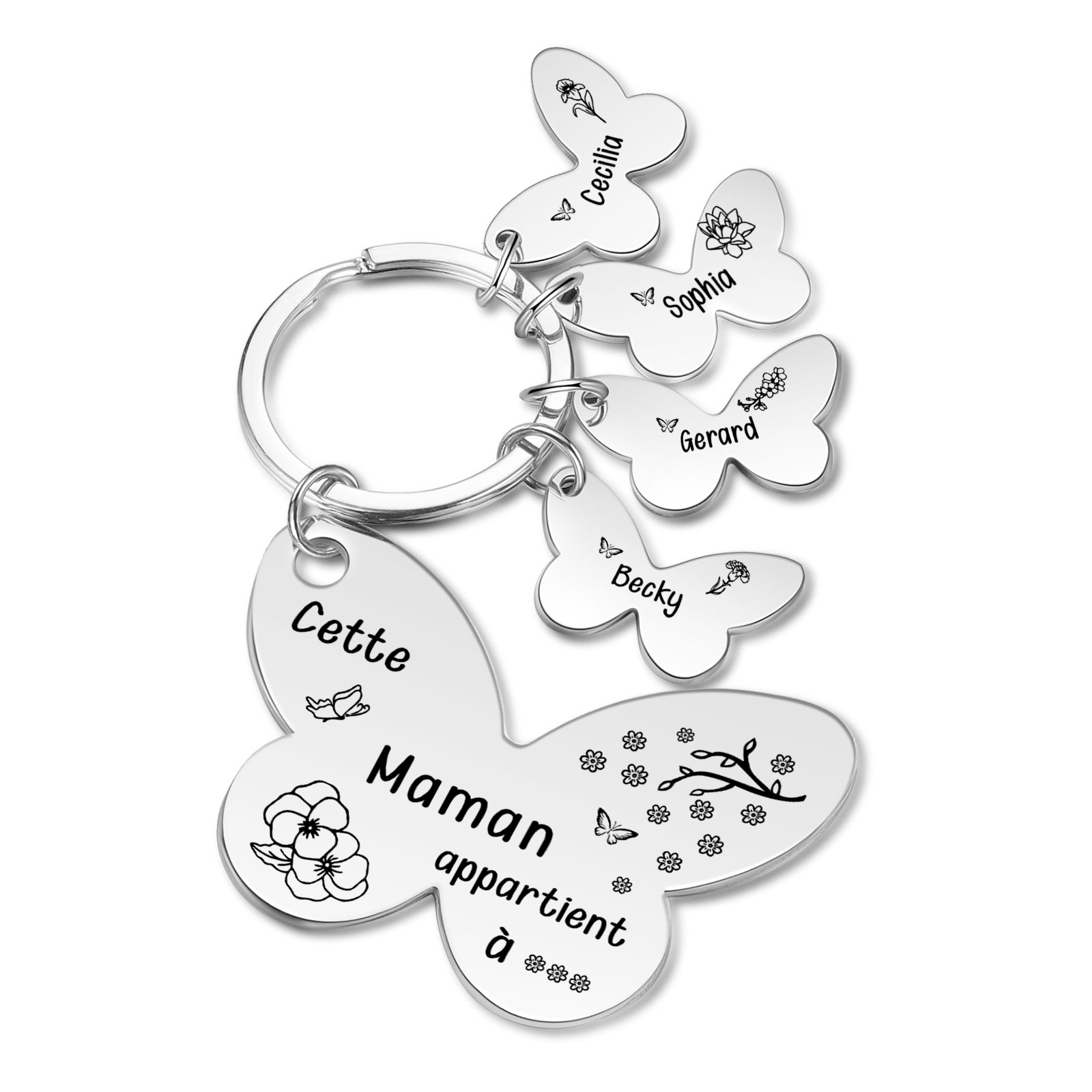 À Maman/Mamie - Porte-Clés Papillon 4 Prénoms et Fleurs de Naissance Personnalisés avec Texte 