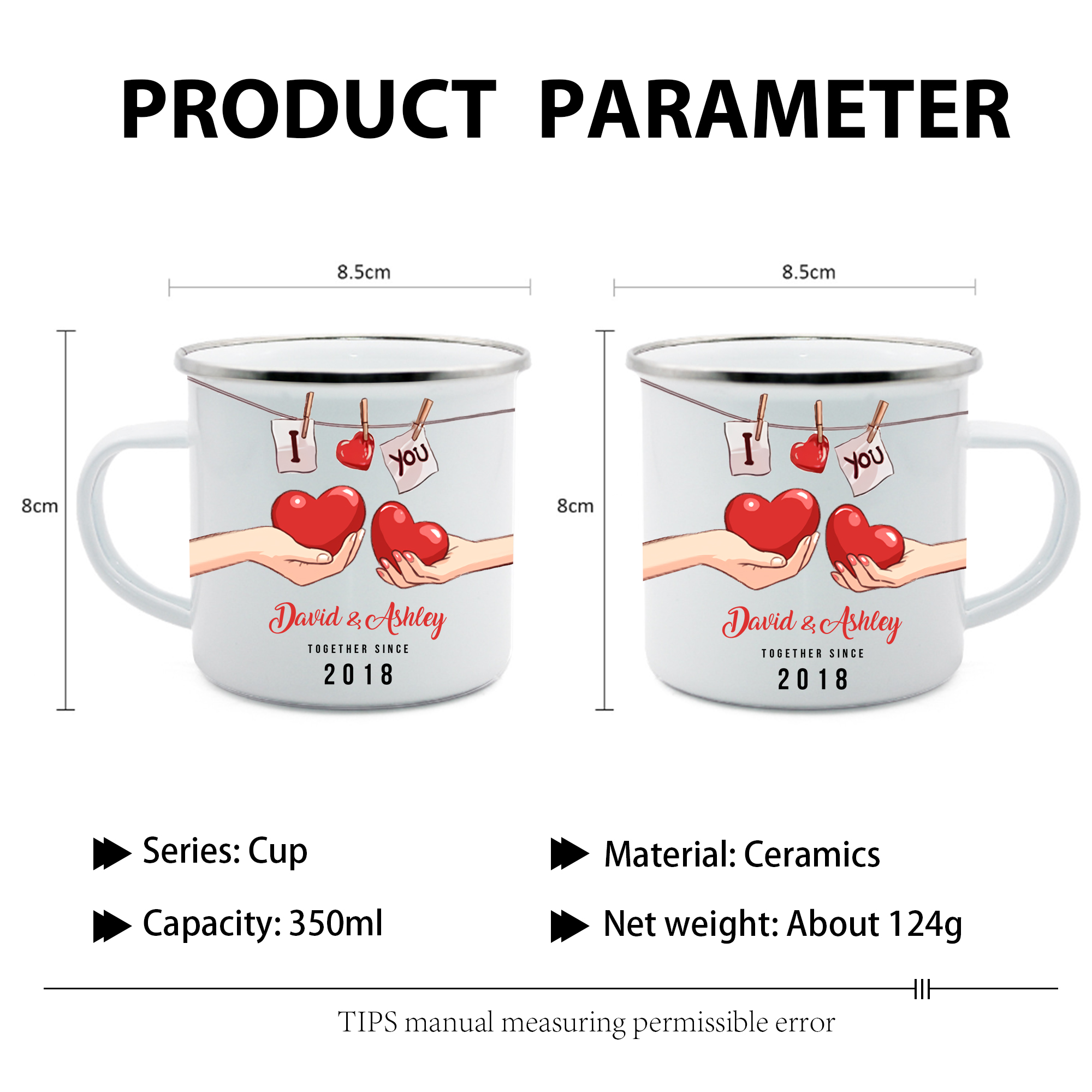 Tasse émaillée 2 Prénoms Personnalisés avec Texte et Année pour Couple