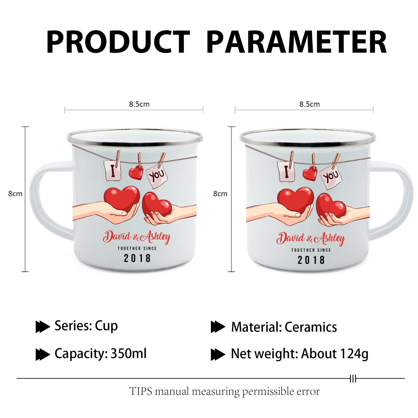 Tasse émaillée 2 Prénoms Personnalisés avec Texte et Année pour Couple