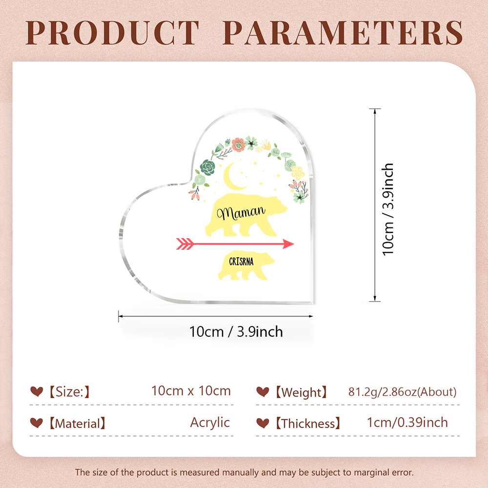 À ma Maman - Plaque Acrylique en Forme de Cœur Ours 1 Prénom Personnalisé