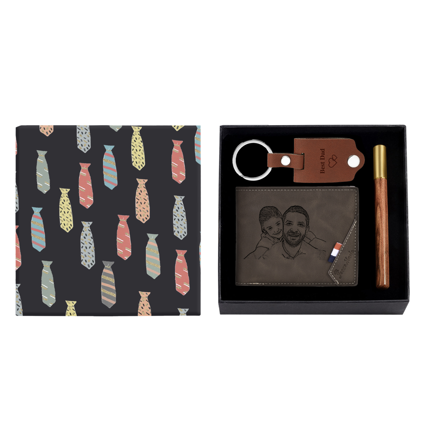 Coffret Cadeau 3PCS - Portefeuille classique Porte-Clés et Stylo 2 Photo et Textes Personnalisés avec 1 Prénom et Lettre Coffret Cadeau pour Homme