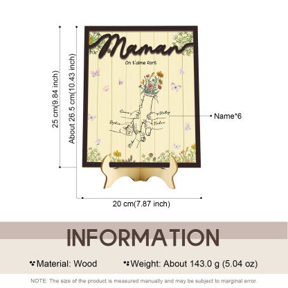 À Maman - Décoration en bois la Main dans la Main 6 Prénoms Personnalisés Ornement Famille