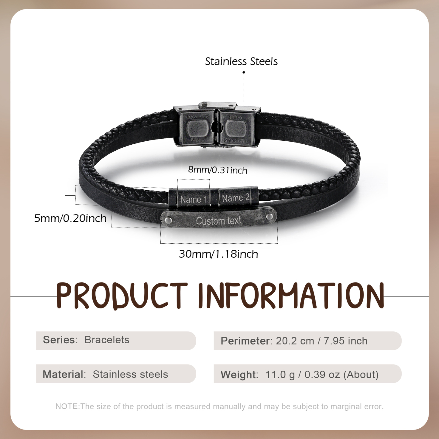 Bracelet Cuir 2-5 Préoms Personnalisés avec Texte pour Homme