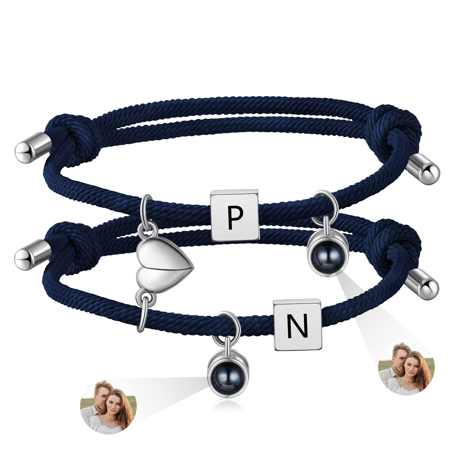 2PCS Bracelets Projection de Pierres 2 Lettres et 1 Photo Personnalisés Bracelets magnétiques pour Couple