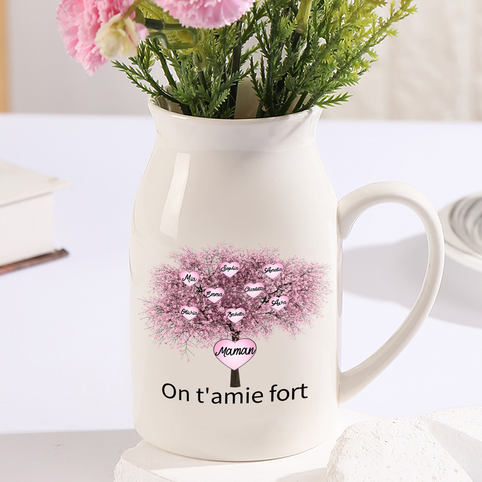 Vase à Fleurs Arbre 8 Prénoms Personnalisés avec 2 Textes Décoration de la Maison