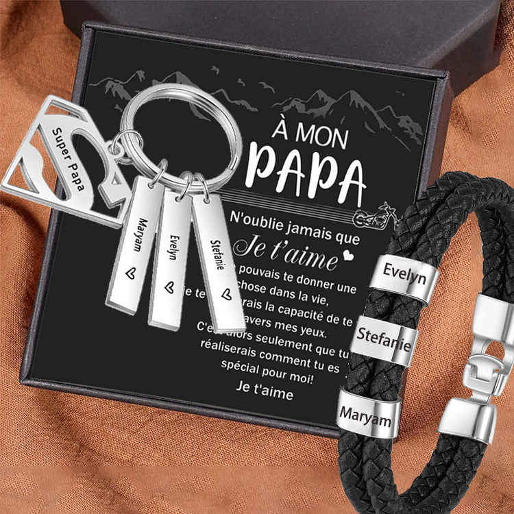 À mon Papa - Combinaison de Bracelet et Porte-Clés 3 Prénoms Personnalisé avec Texte