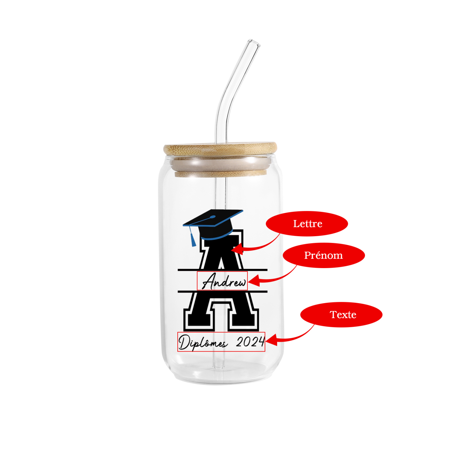 Tasse en Verre avec Paille Prénom et Lettre Personnalisés avec Texte Cadeau de remise des Diplômes