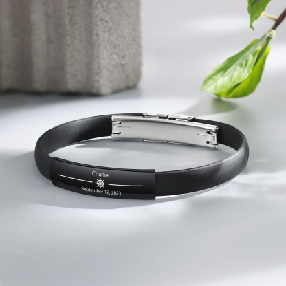 Bracelet Cuir 1 Prénom et Date Personnalisés pour Homme