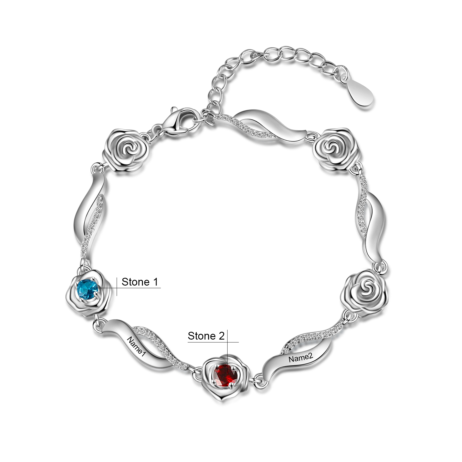 Bracelet Roses 1-5 Prénoms Personnalisés avec Pierres de Naissance - 2 Prénoms
