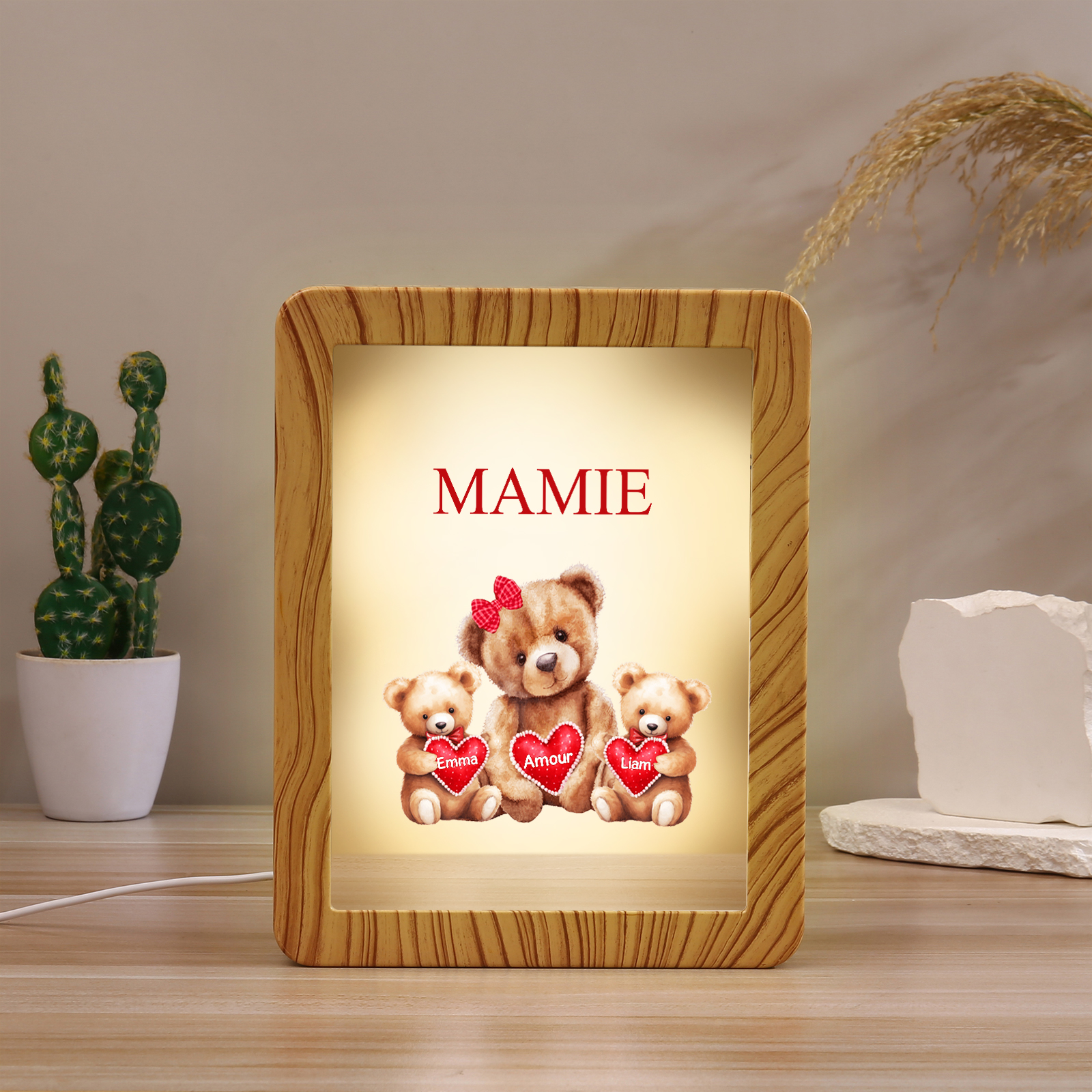 Cadre Photo/Miroir LED Multifonctionnel Ours 2 Prénoms Personnalisés avec Texte pour Famille