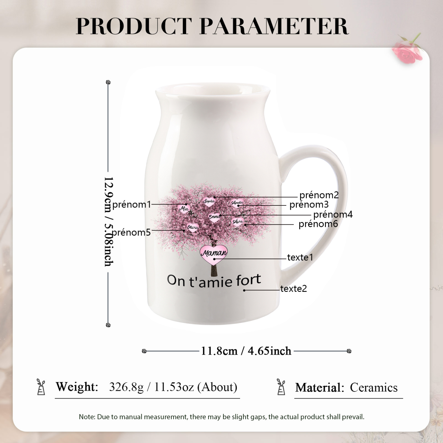 Vase à Fleurs Arbre 6 Prénoms Personnalisés avec 2 Textes Décoration de la Maison