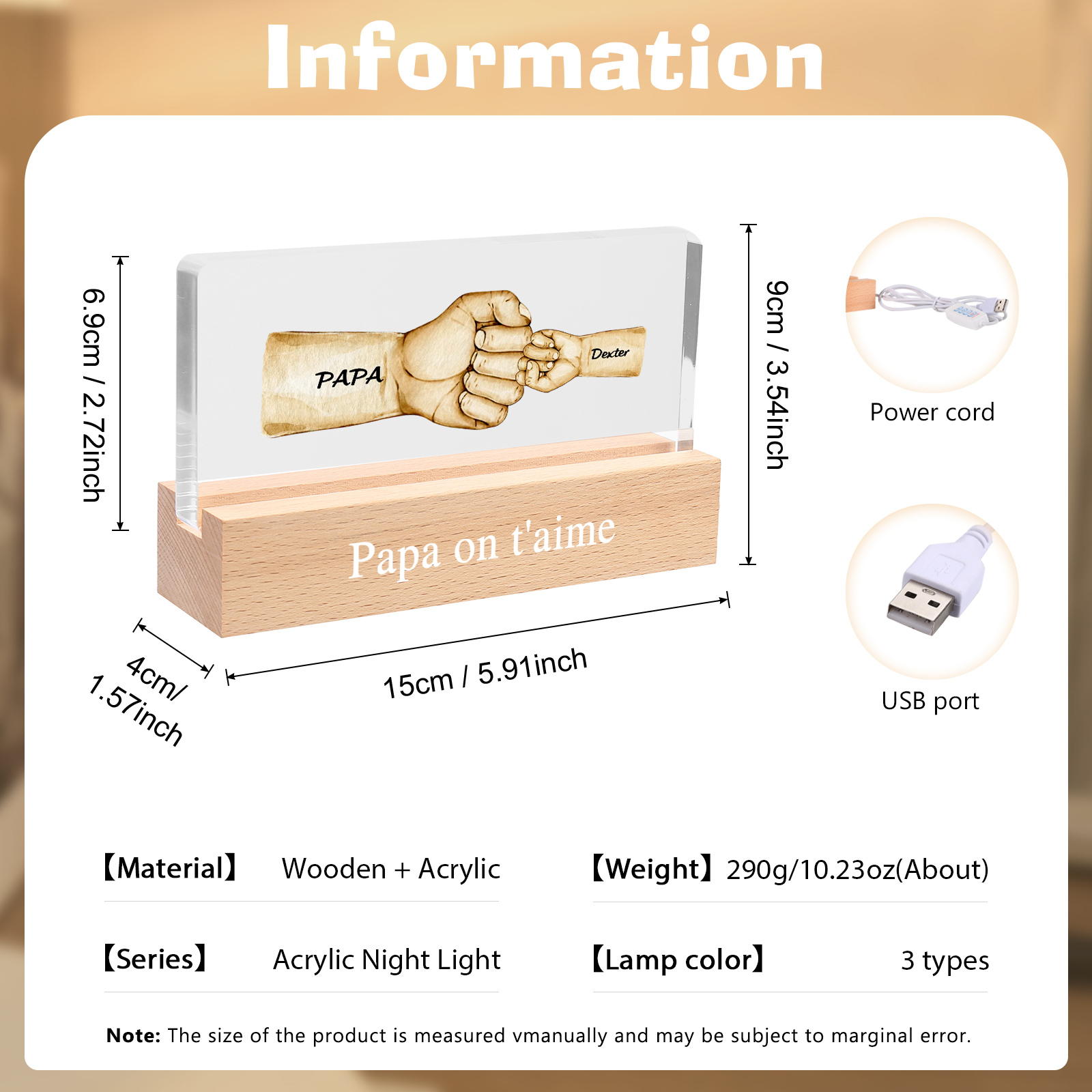 À mon Papa/Papi- Lampe de chevet LED Poings 2 Prénoms Personnalisés avec Texte