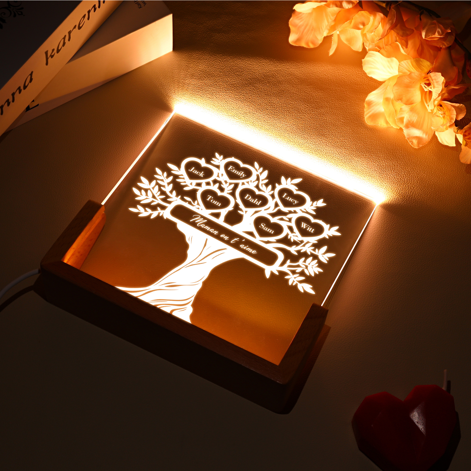 À Maman/Mamie - Lampe de chevet LED Arbre de Vie 7 Prénoms Personnalisés avec Texte pour Famille