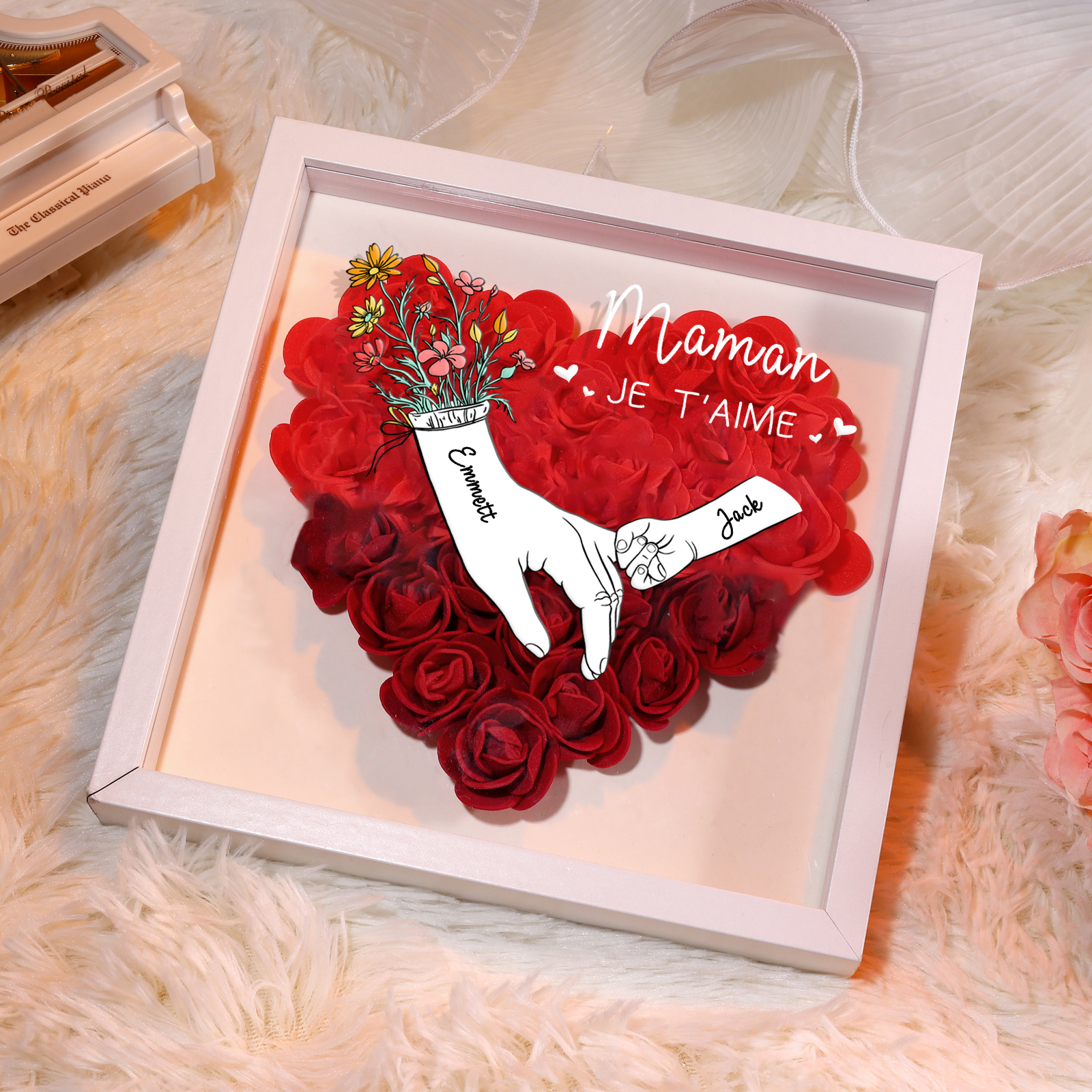 À ma Maman - Cadre Panneau de densité la main dans la main 2 Prénoms et 1 Texte Personnalisés Ornements Floral pour Famille
