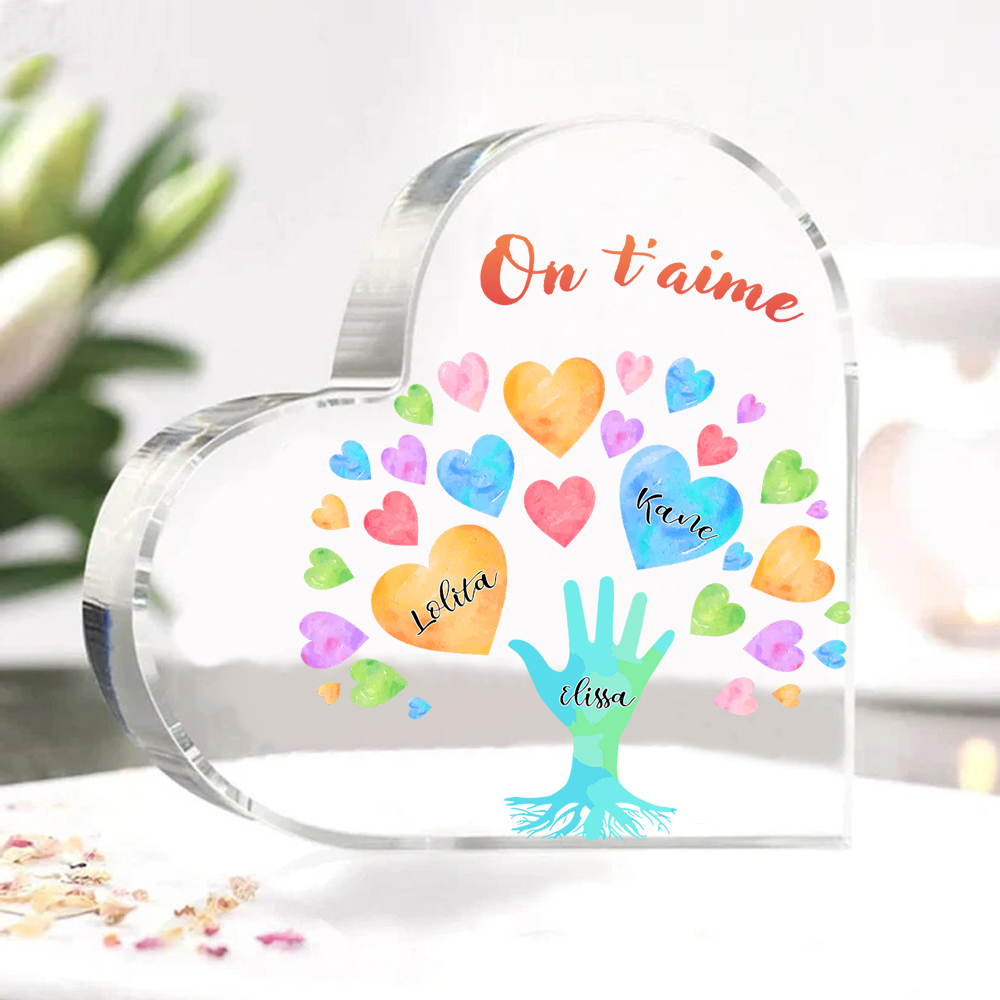 Plaque Acrylique en Forme de Cœur 3 Prénoms Personnalisés avec Texte pour Famille