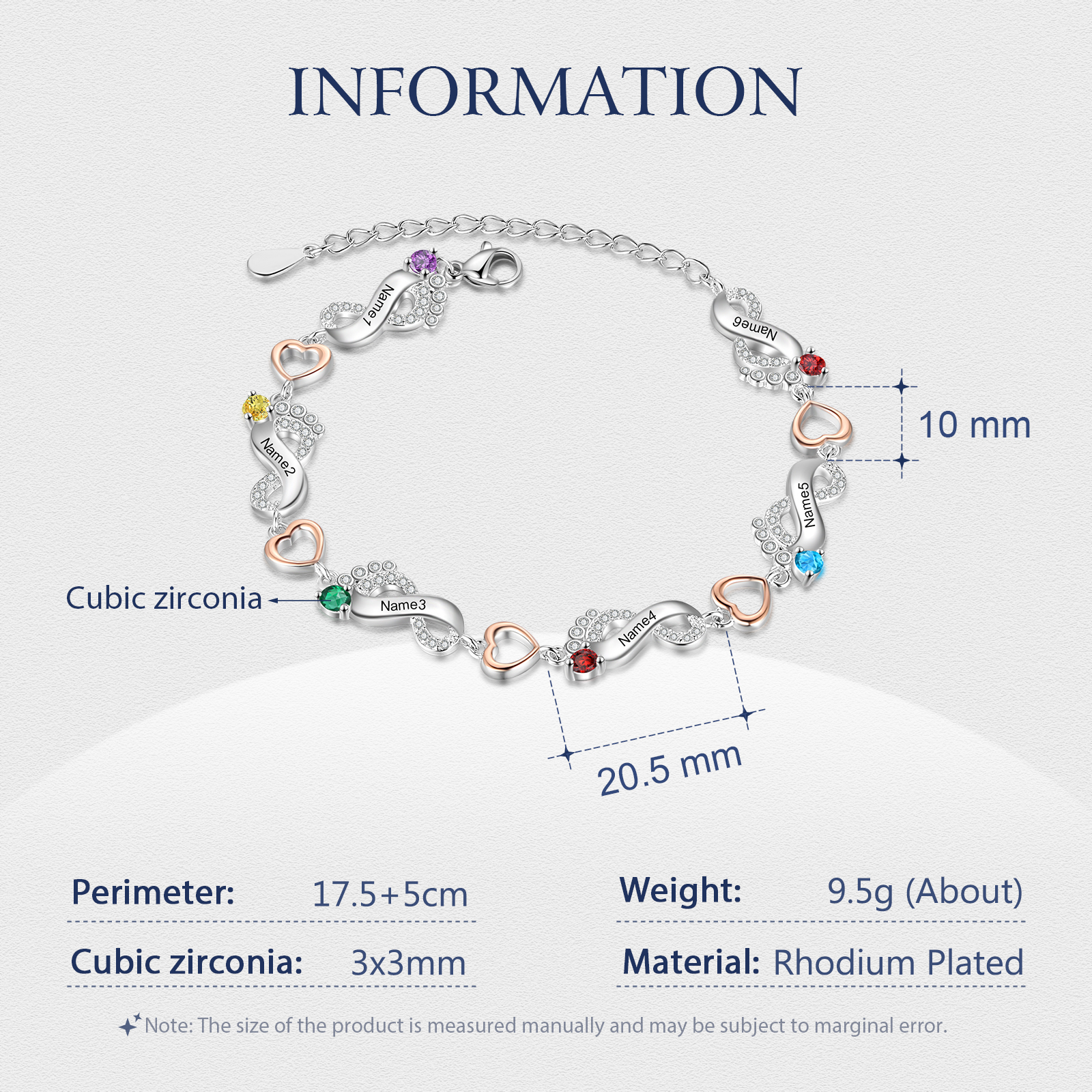 Bracelet Pied bébé et Cœur Personnalisé avec 6 Prénoms et Pierres de naissance Bracelet pour Femme | Jessemade