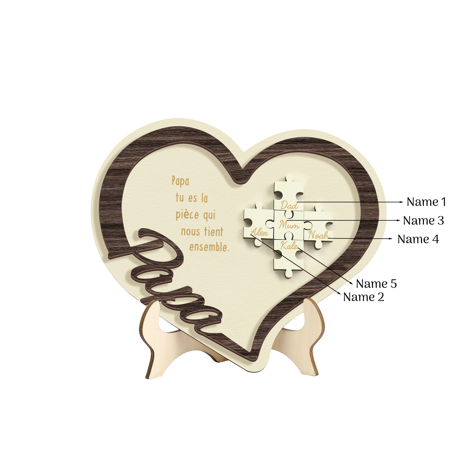 À mon Papa - Décoration en bois Cœur Puzzle 5 Prénoms Personnalisés Ornement pour Famille