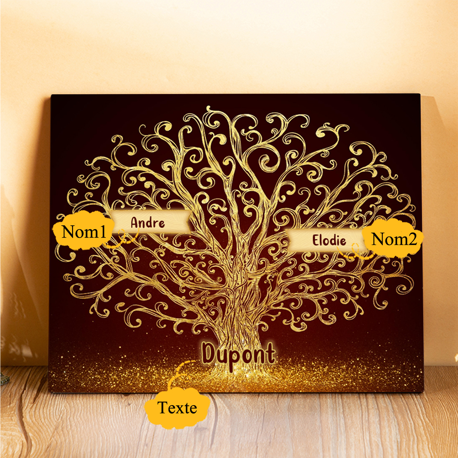 Cadre en Bois Arbre 2 Prénoms Personnalisés avec Texte Cadeau pour Famille