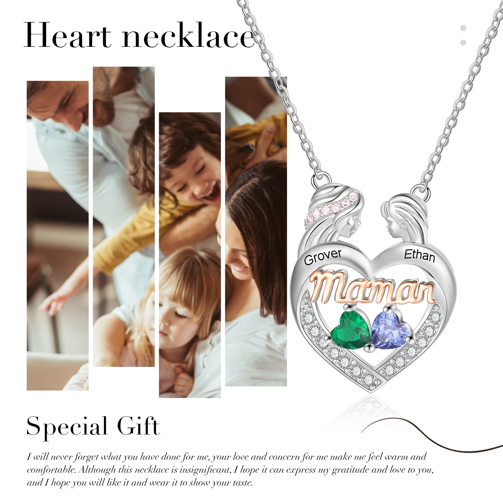 Collier De Cœur Personnalisé Jeweidea Pour Femme - Prénom & Pierres De Naissance, Cadeau Idéal Pour Maman, Mamie, Noël Ou Fête Des Mères