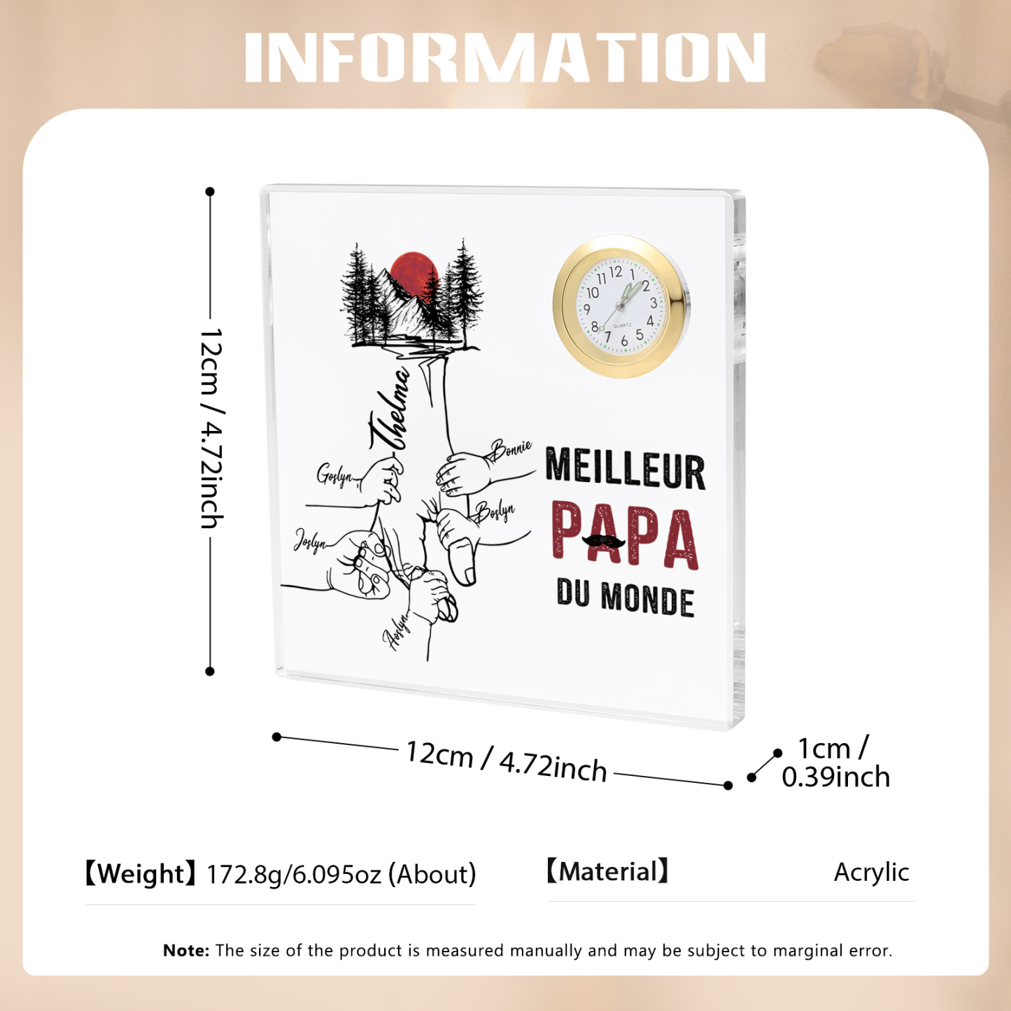 À mon Papa - Plaque Acrylique Carré avec Horloge la main dans la main 6 Prénoms Personnalisés
