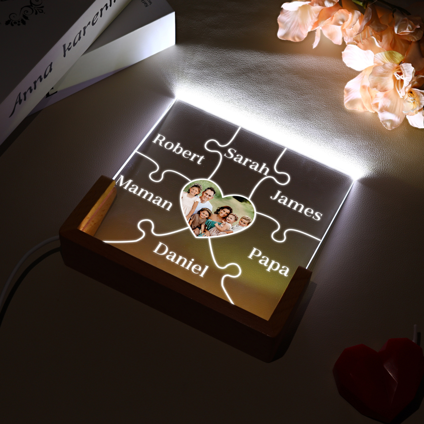 Lampe de chevet LED Puzzles 6 Prénoms Personnalisés avec Photo pour Famille