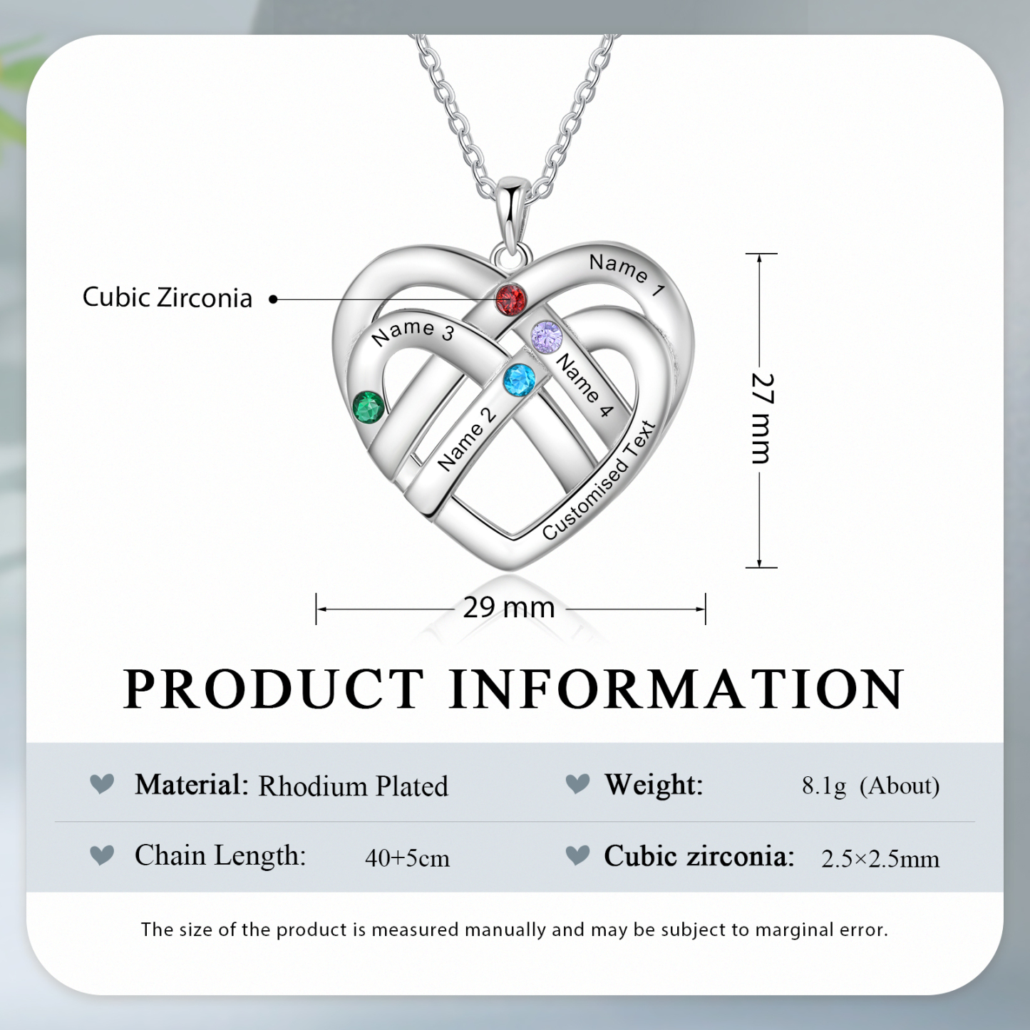 Collier Pendentif Cœur 4 Prénoms et 1 Texte Personnalisés avec 4 Pierres de Naissance Collier Femmes