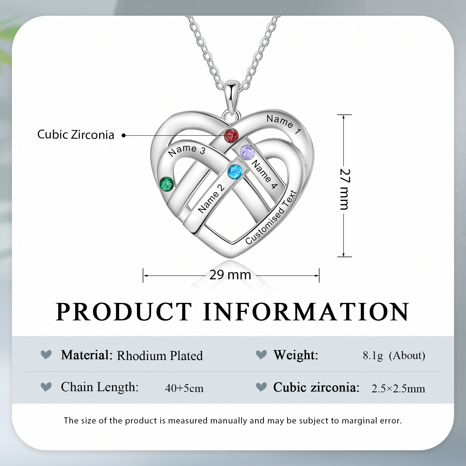 Collier Pendentif Cœur 4 Prénoms et 1 Texte Personnalisés avec 4 Pierres de Naissance Collier Femmes