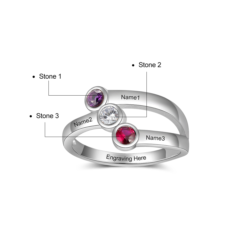 Bague Argent 925 3 Prénoms Personnalisés avec 3 pierre naissance