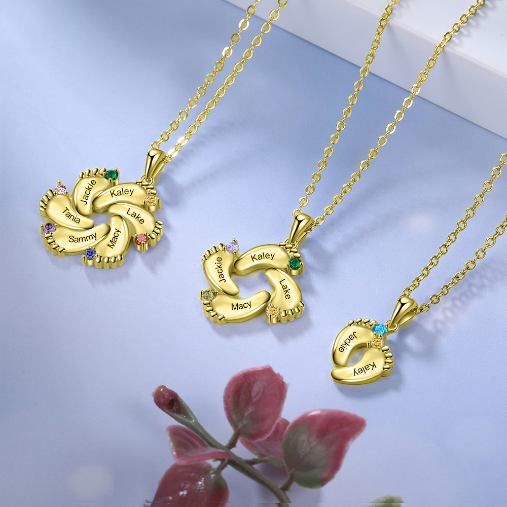 Collier 2 Prénom Personnalisé pied bebe avec pierre de naissance