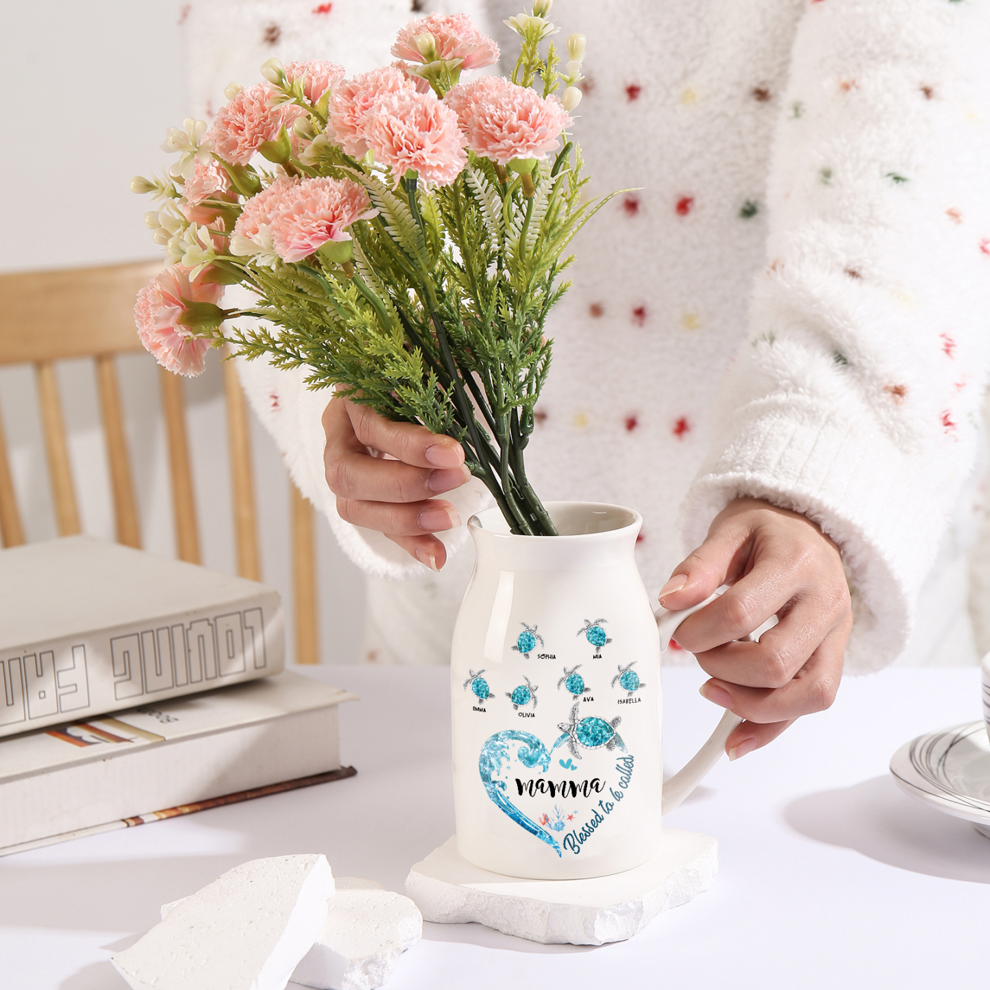 Vase à Fleurs Tortue de Mer 6 Prénoms Personnalisés avec 1 Texte Décoration de la Maison