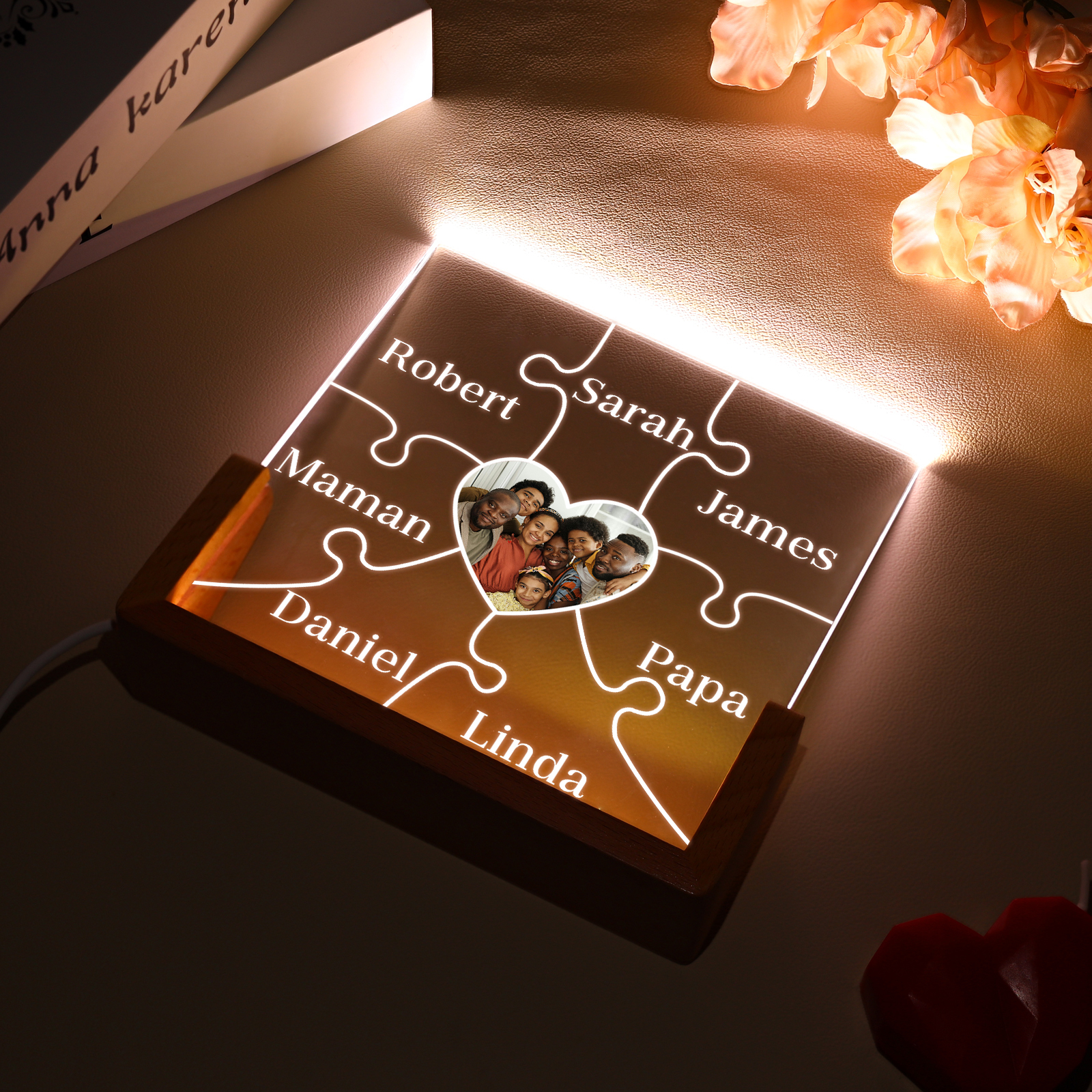 Lampe de chevet LED Puzzles 7 Prénoms Personnalisés avec Photo pour Famille