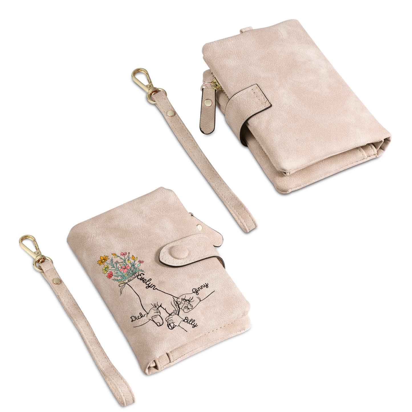 Portefeuille la main dans la main 4 Prénoms Personnalisés Porte-Monnaie Carte pour Femmes cadeau pour femme anniversaire | Jessemade