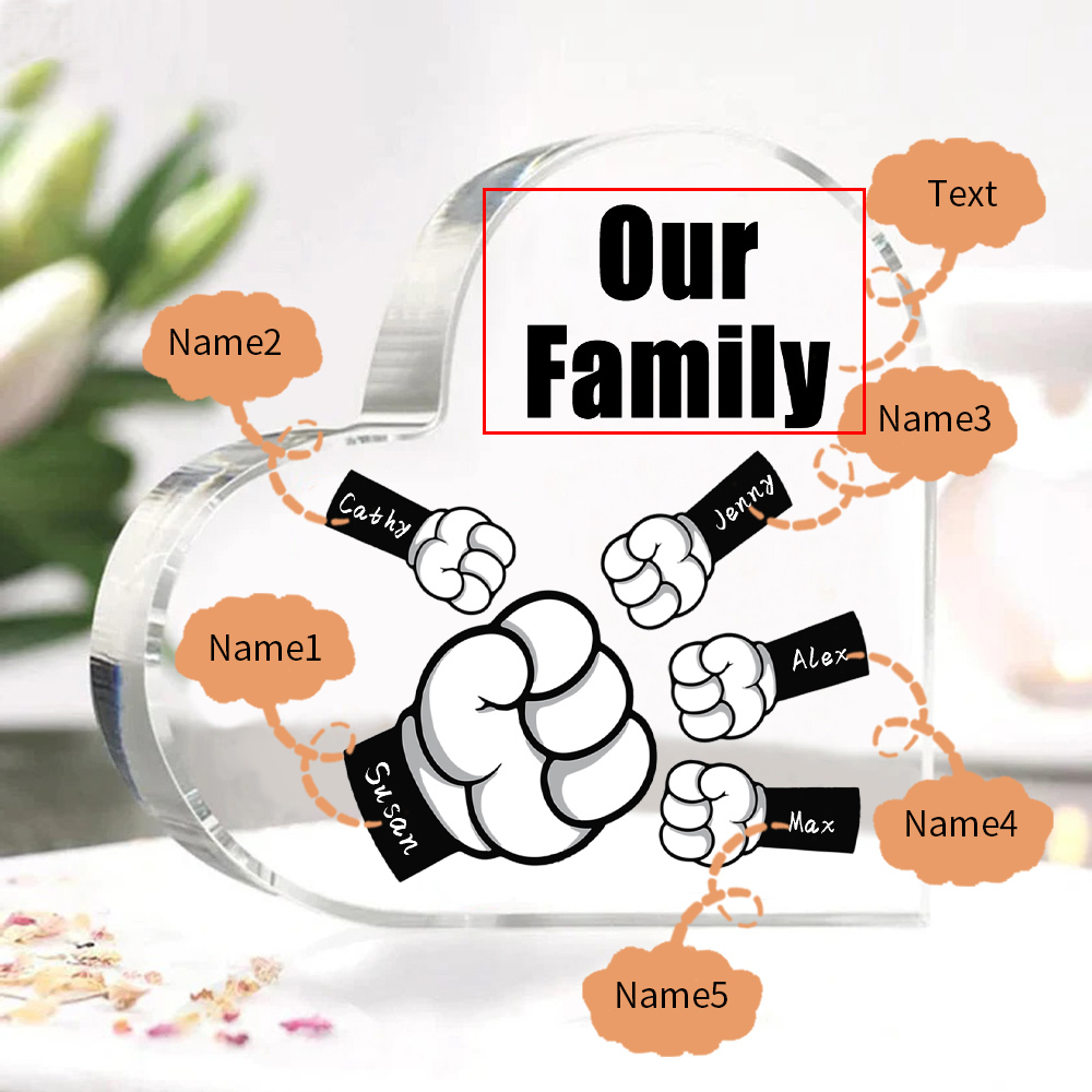 À mon Papa/Maman - Plaque Acrylique en Forme de Cœur Poings 5 Prénoms Personnalisés avec 1 Texte