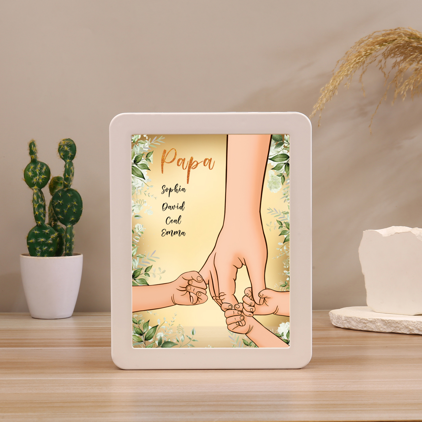 Lampe LED/Cadre Photo/Miroir multifonctionnel la main dans la main 4 Prénoms et 1 Tetxe Personnalisés Cadeau Créatif pour Famille