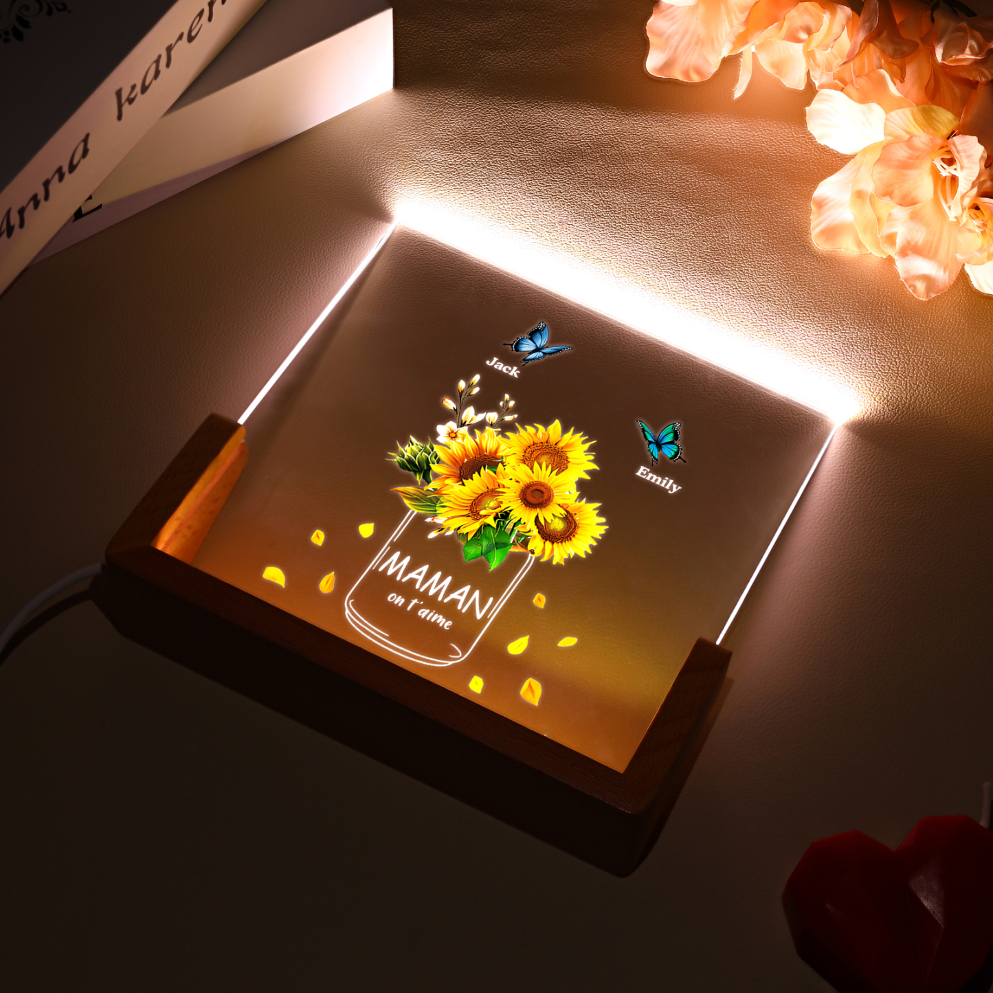 À Maman/Mamie - Lampe de chevet LED Tournesol 2 Prénoms Personnalisés avec 2 Textes pour Famille