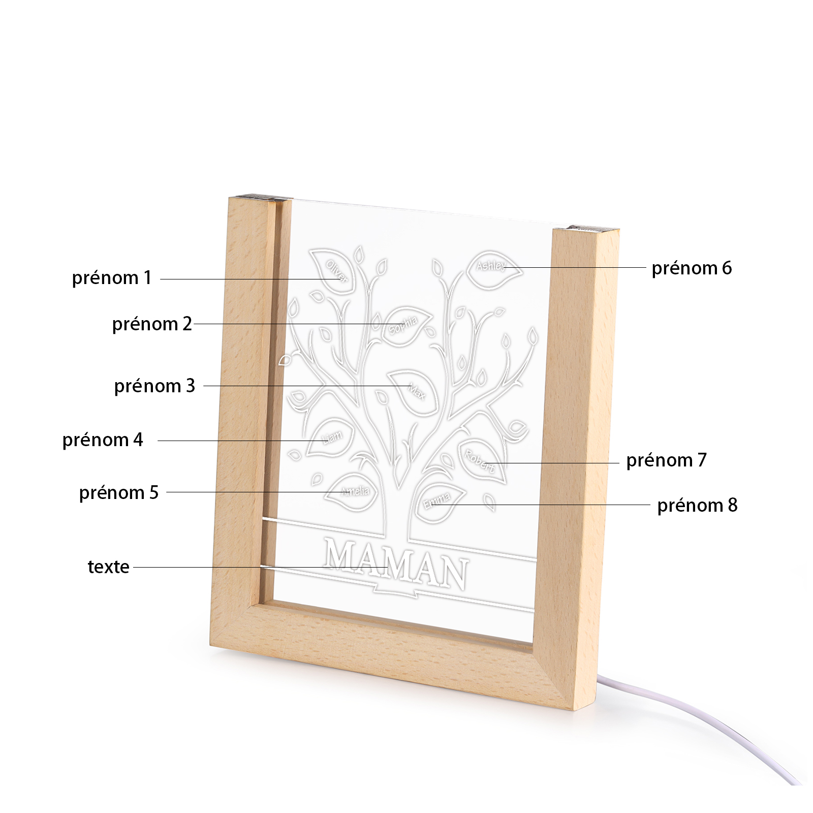 À Maman/Mamie - Lampe de chevet LED Arbre 8 Prénoms Personnalisés avec 1 Texte