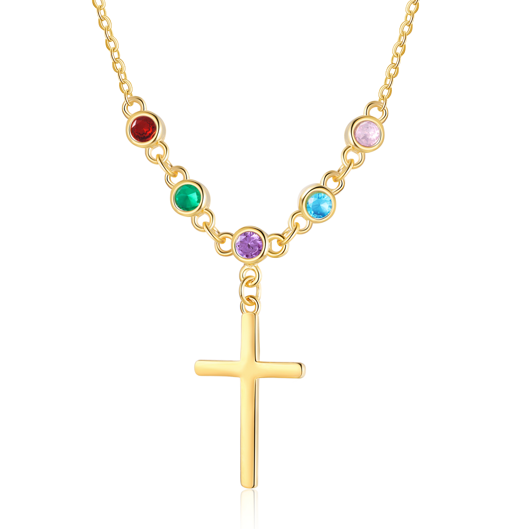 Collier Croix 5 Pierres de Naissance Personnalisés avec Texte Collier pour Femmes