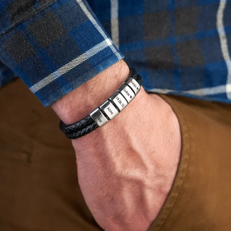 Bracelet Cuir tressé 2 Perles Prénom Personnalisé Bracelet Homme