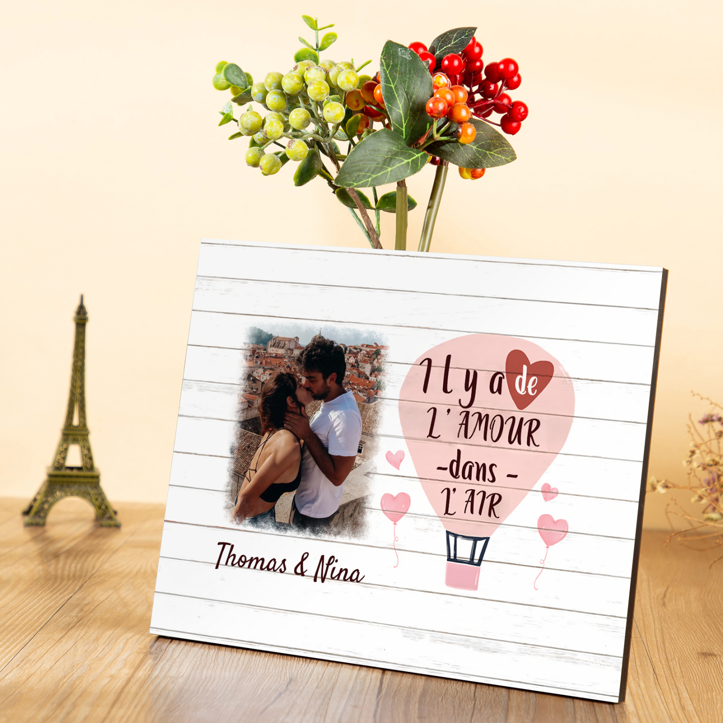 Cadre en Bois 2 Prénoms Personnalisés avec Photo pour Couple Cadeau Saint Valentin